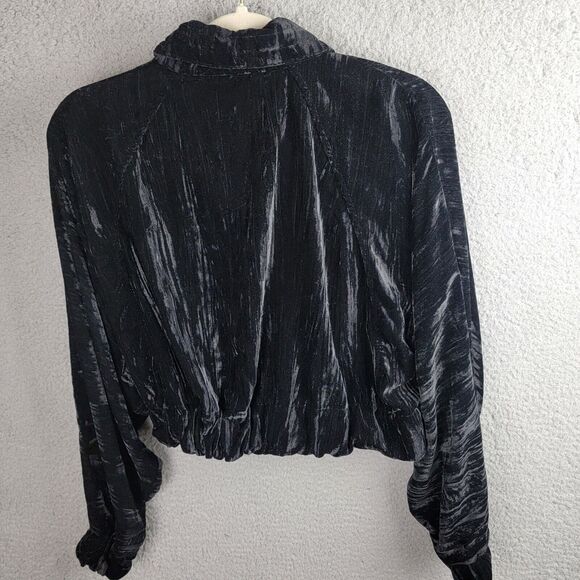 Zara Jacket Womens M Black Crushed Velvet Cropped Silver Zipper Pockets Dolman - Picture 2 of 15